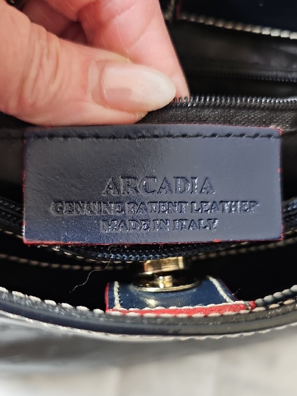 Arcadia Navy Patent Shoulder Tote with Gold Hardware - Picture 2 of 15
